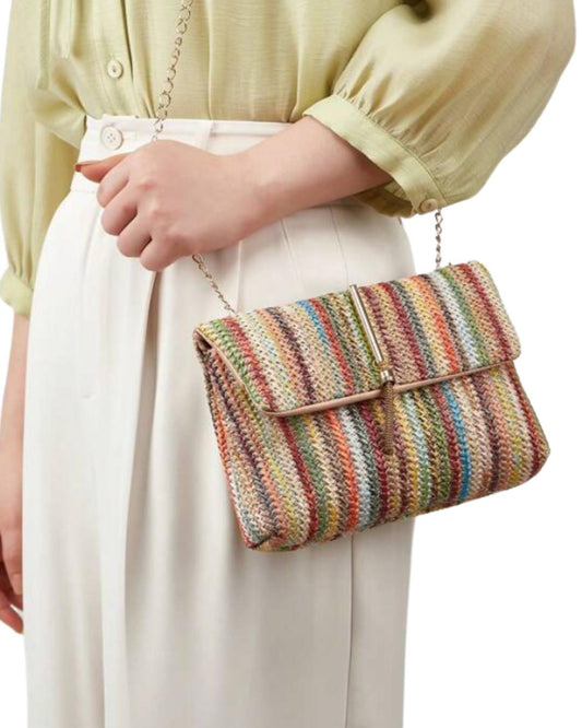 Colorful Contrast Woven Magnetic Closure Bohemian Bag