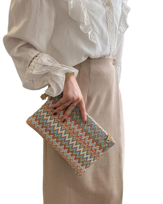 Woven Chevron Pattern Straw Bag With Wristlet