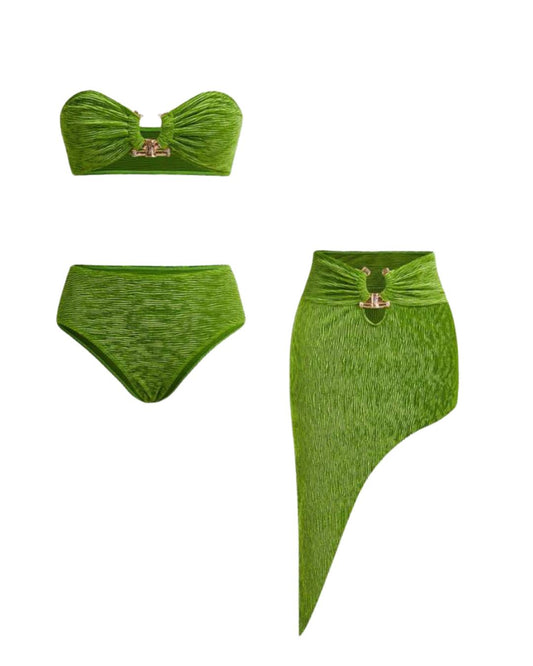 3 pieces Women's Strapless Green Bikini Swimwear With Skirt