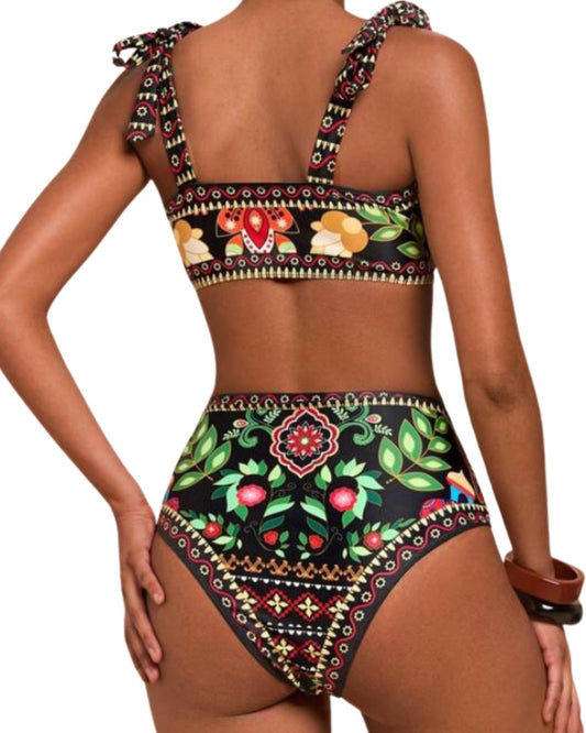 Floral Print Tie Shoulder Bikini Swimming Costume Set
