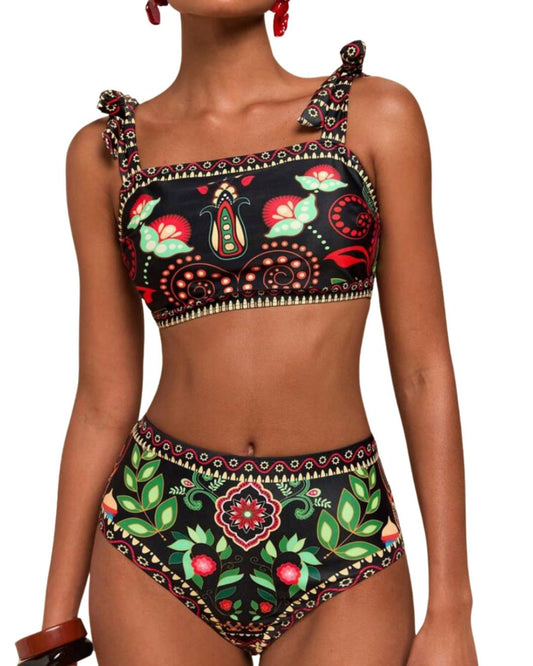 Floral Print Tie Shoulder Bikini Swimming Costume Set
