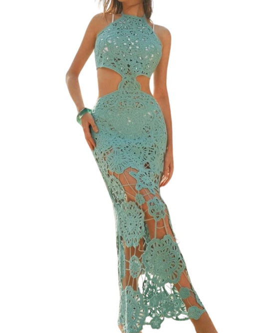 Vacation Elegant Hollow Floral Crochet Halter Backless Sheer Sleeveless Summer Beach Cover Up For Women