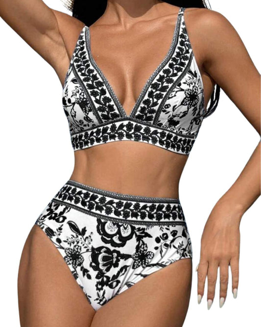 Floral Printed V-Neck Summer Beach Bikini Set With Separated Swimwear