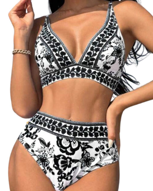 Floral Printed V-Neck Summer Beach Bikini Set With Separated Swimwear