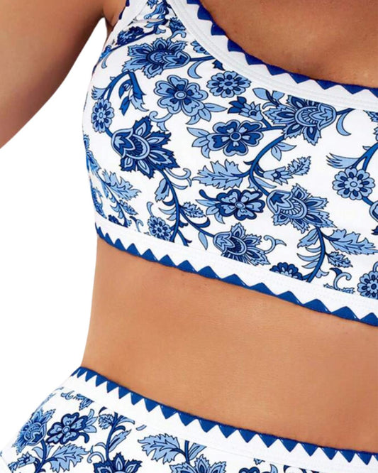 Two Pieces Colorblock Floral Print With Contrast Trim Bikini Set