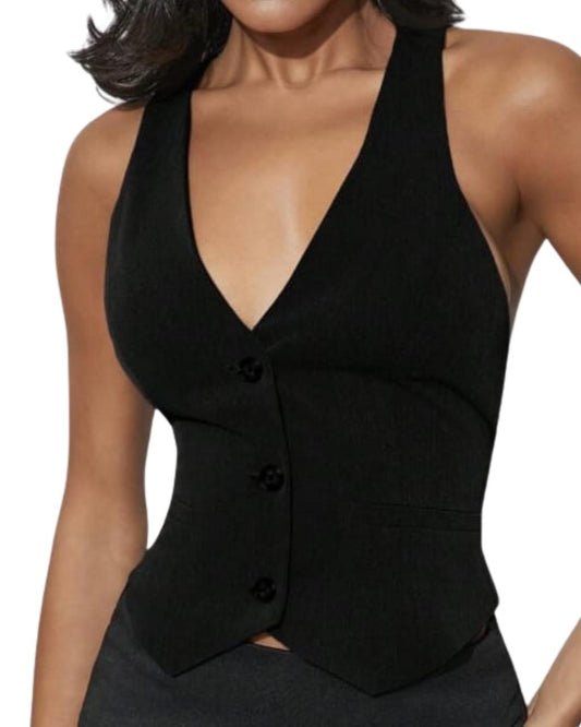 Black Solid Color Backless Buckle Design V-Neck Tank Top