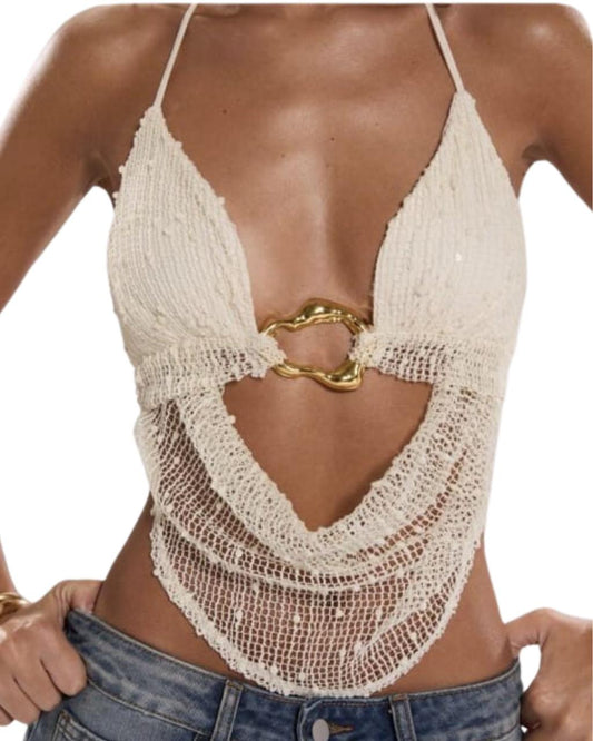Beach Vacation Concert Women Halter Neck Tie Metal D ecoration Crochet Summer Top