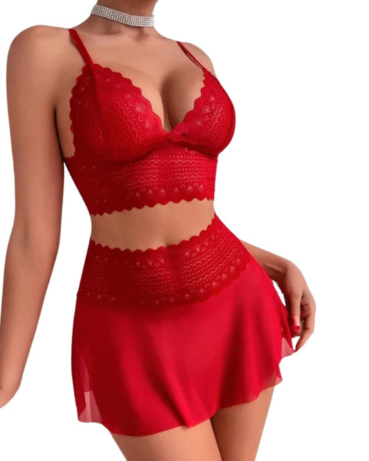 Women's Set Red Lace Wireless Bra & Skirt Lingerie 