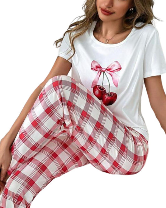 Cherry Print Short Sleeve Top And Plaid Pants Pajama Set