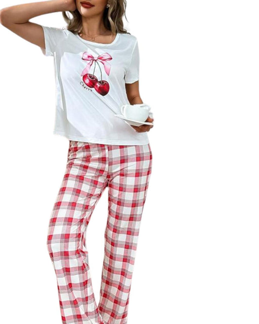 Cherry Print Short Sleeve Top And Plaid Pants Pajama Set