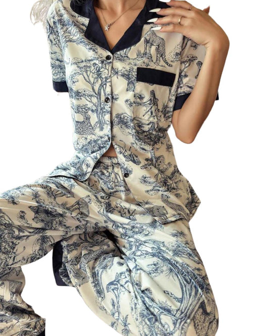 Blue Silk Pajama Set Animal Print 