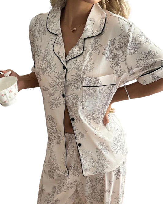  Floral Tree Rabbit Print Short Sleeve Pants Collar Pajama Set