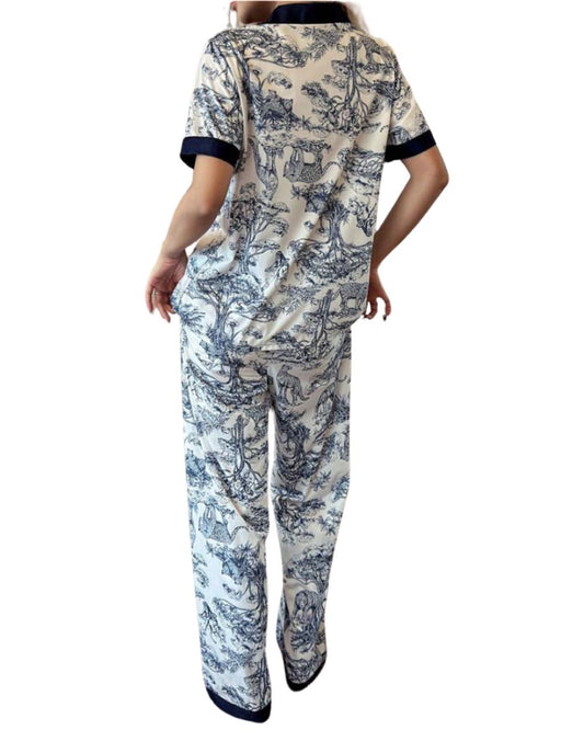 Blue Silk Pajama Set Animal Print 