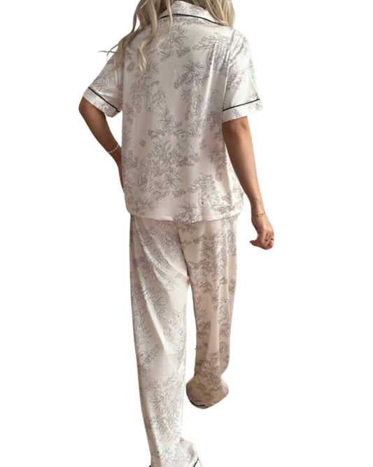  Floral Tree Rabbit Print Short Sleeve Pants Collar Pajama Set