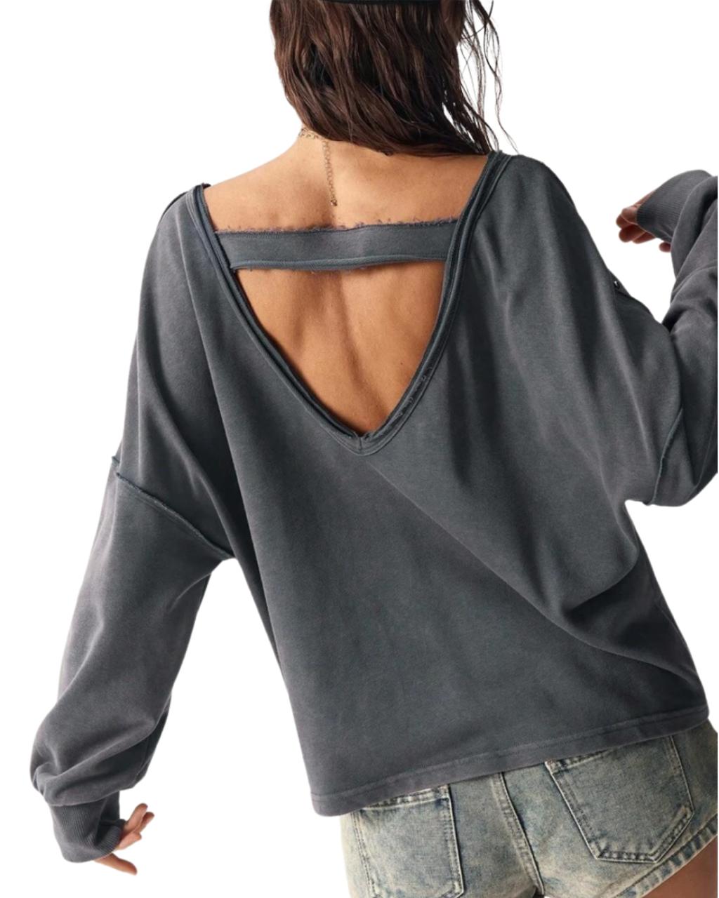 Boho Casual Solid Color V-Neck Long Sleeve Loose Women Sweatshirt