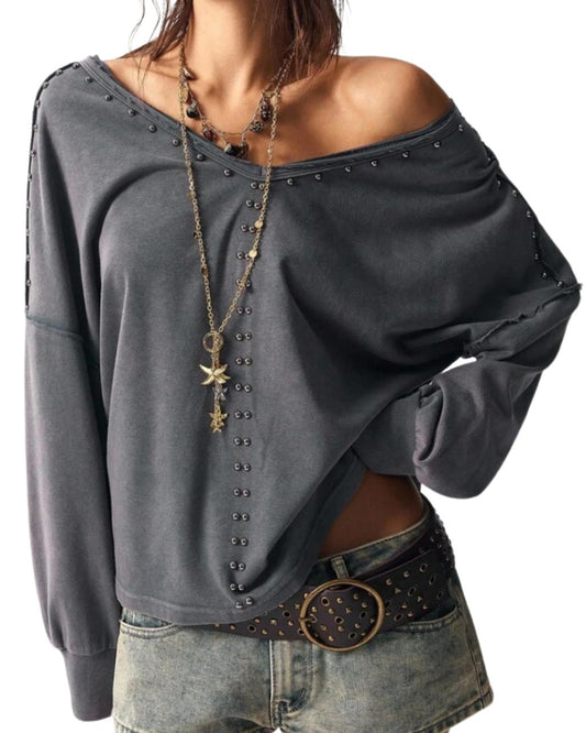 Boho Casual Solid Color V-Neck Long Sleeve Loose Women Sweatshirt