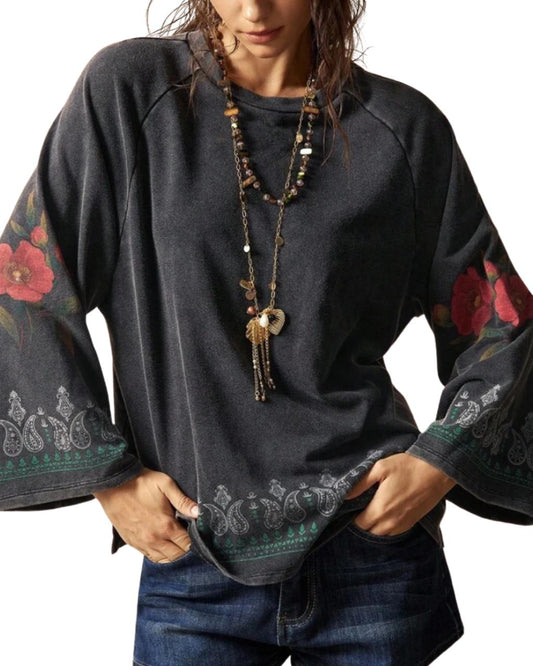 Women's Retro Style Solid Color Knit Loose Print Sweatshirt