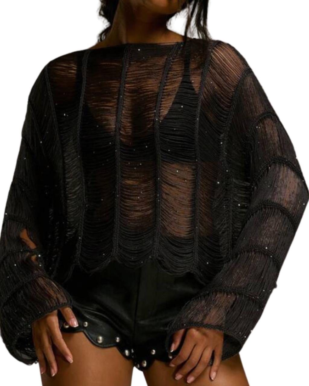 Slash Neck Distressed Fringe Beaded Long Sleeve Top Streetwear