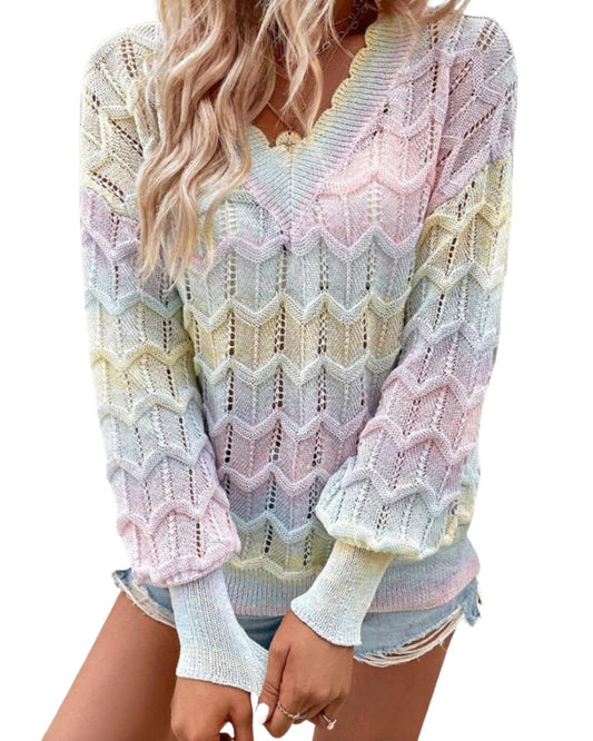 Colorblock Drop Shoulder Pointelle Knit Sweater