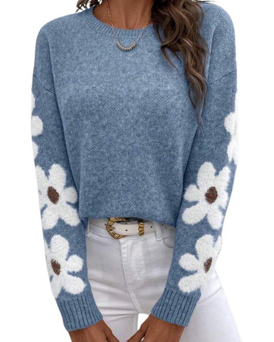 Casual Women's Sweater With Floral Pattern Knit Pullover