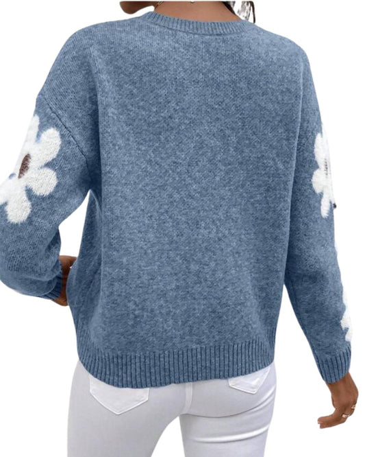 Casual Women's Sweater With Floral Pattern Knit Pullover