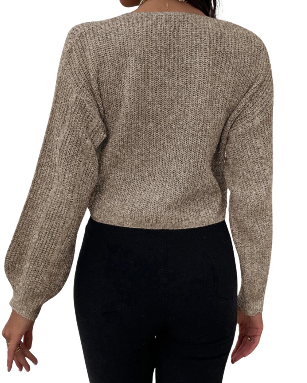 Lantern Sleeve Drawstring Ruched Front Sweater