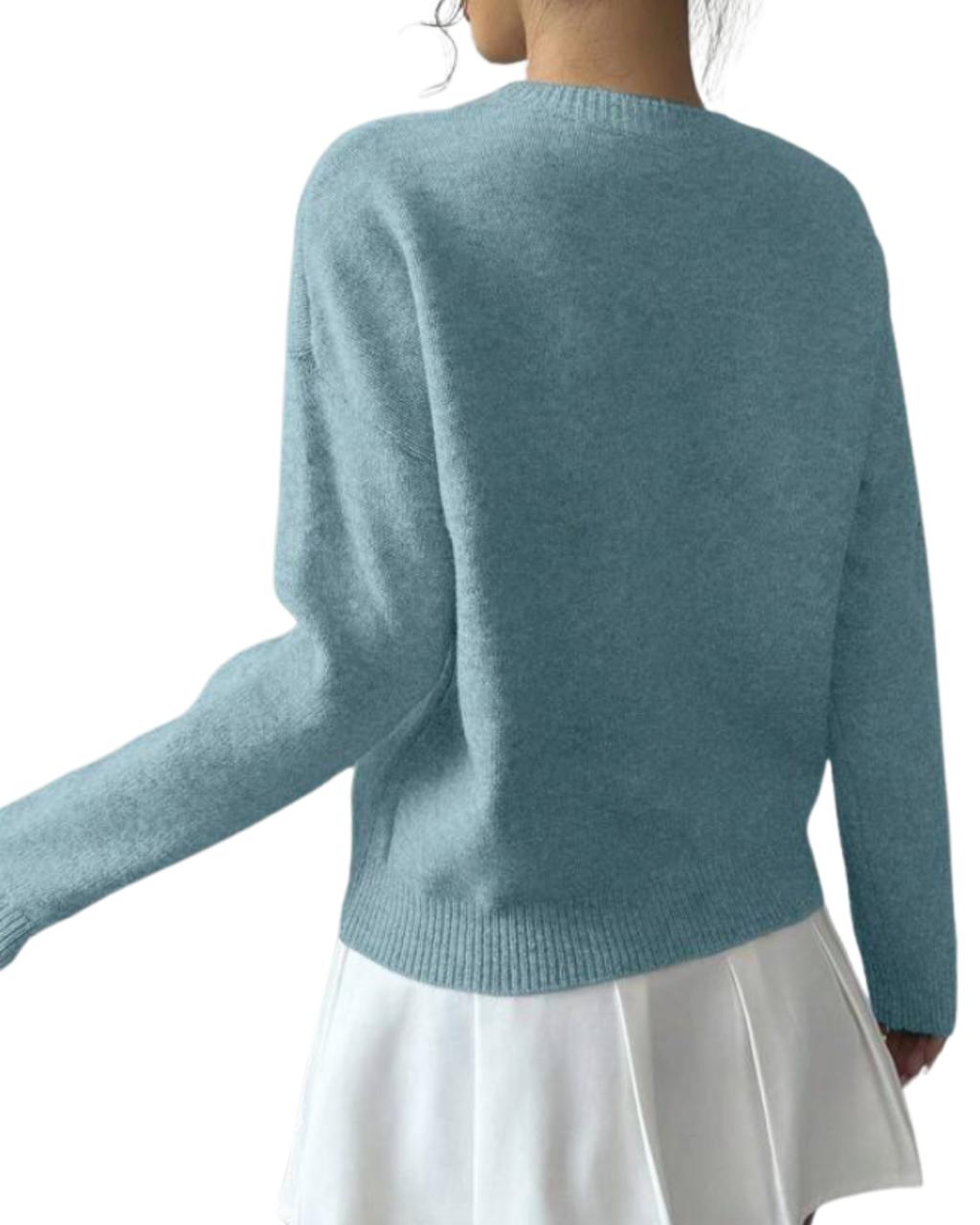 Women Floral Pattern Round Neck Solid Color Pullover Sweater