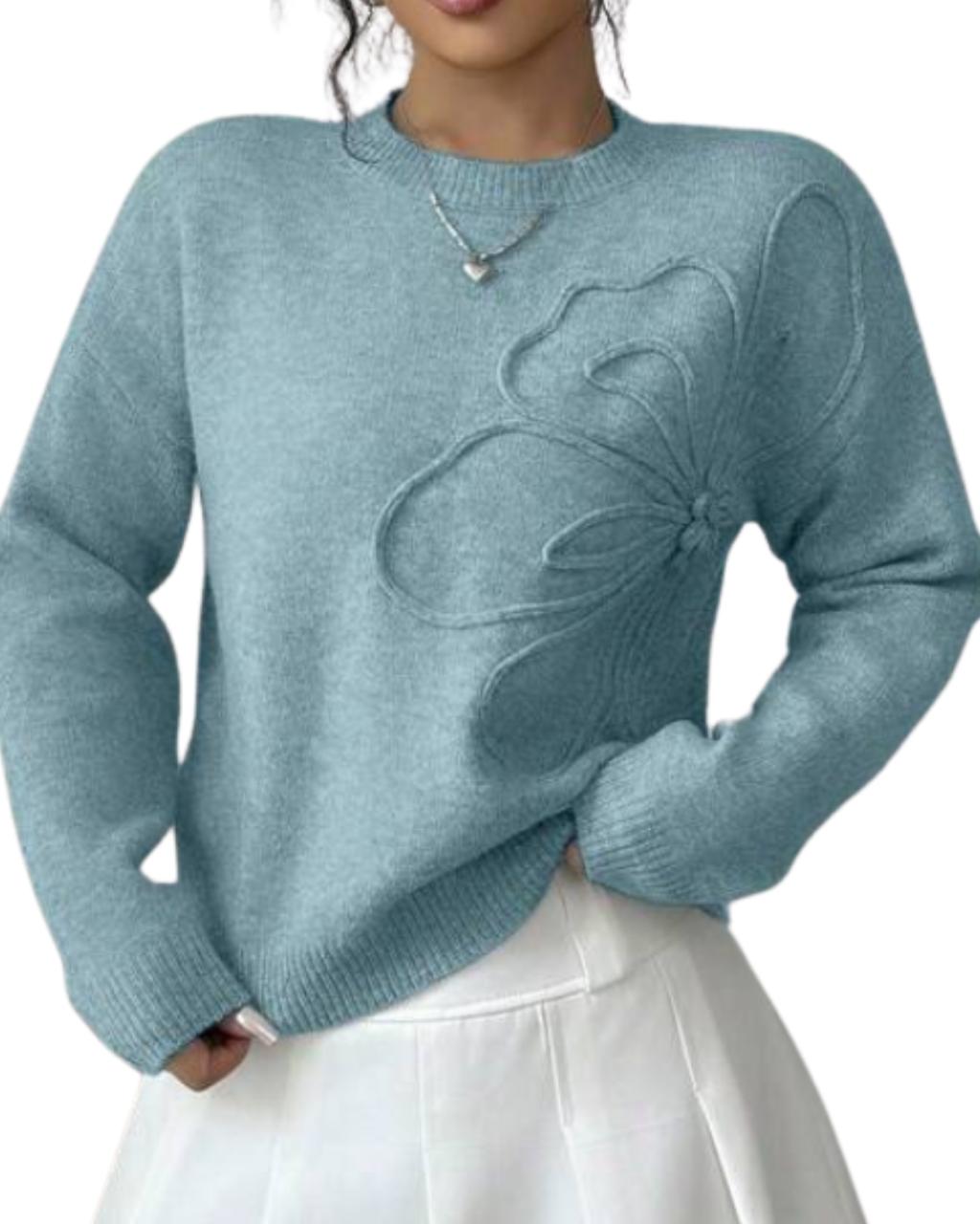 Women Floral Pattern Round Neck Solid Color Pullover Sweater