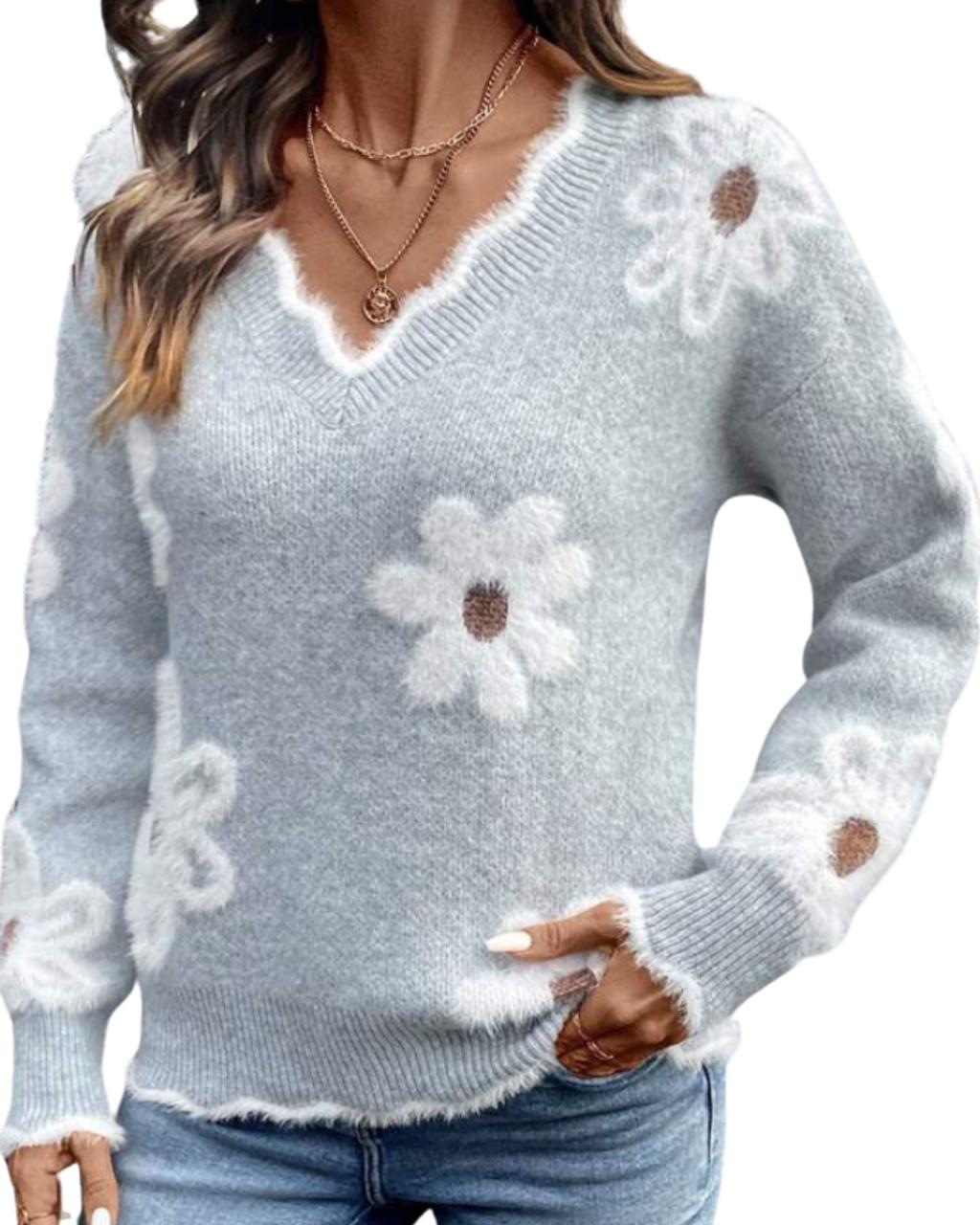 Women Elegant Floral Pattern Lace Trim Knit Sweater