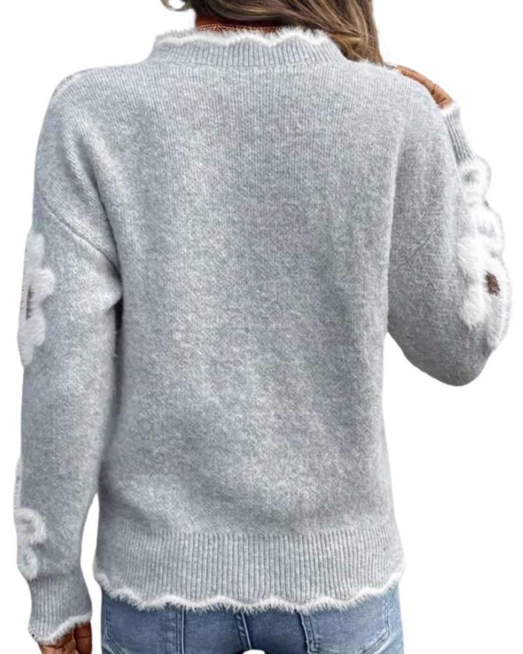Women Elegant Floral Pattern Lace Trim Knit Sweater