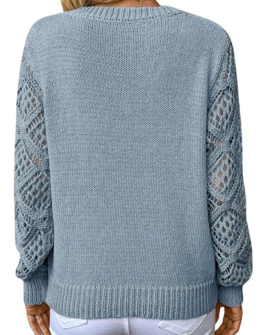 Solid Pointelle Knit V Neck Sweater
