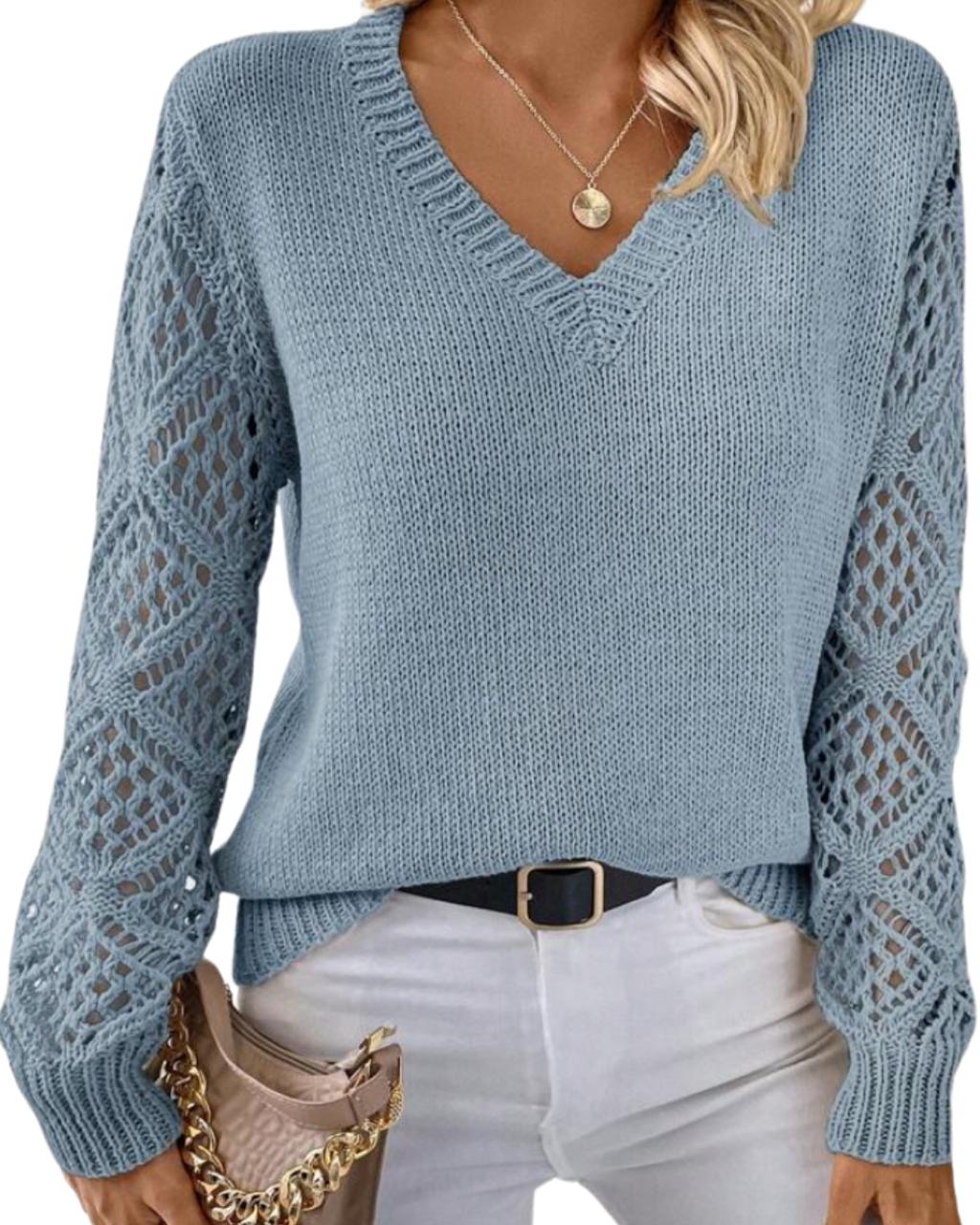 Solid Pointelle Knit V Neck Sweater