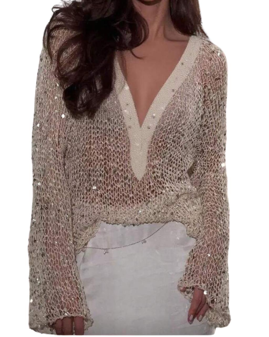 Plunging Neck Hollow Out Seethrough Sequin Crochet Top