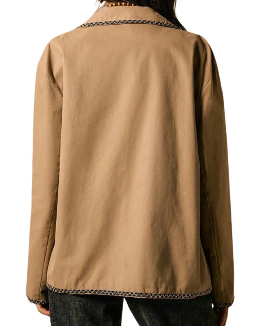 Beige Embroidered Long-Sleeved Coat Embroidery