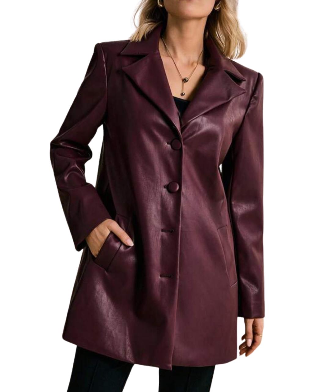 Burgundy Faux-Leather Blazer Jacket