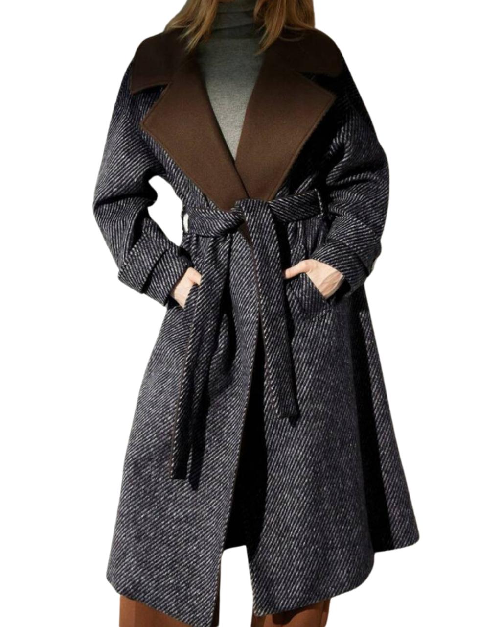 French Style Contrast Color Lapel Long Trench Women Coat