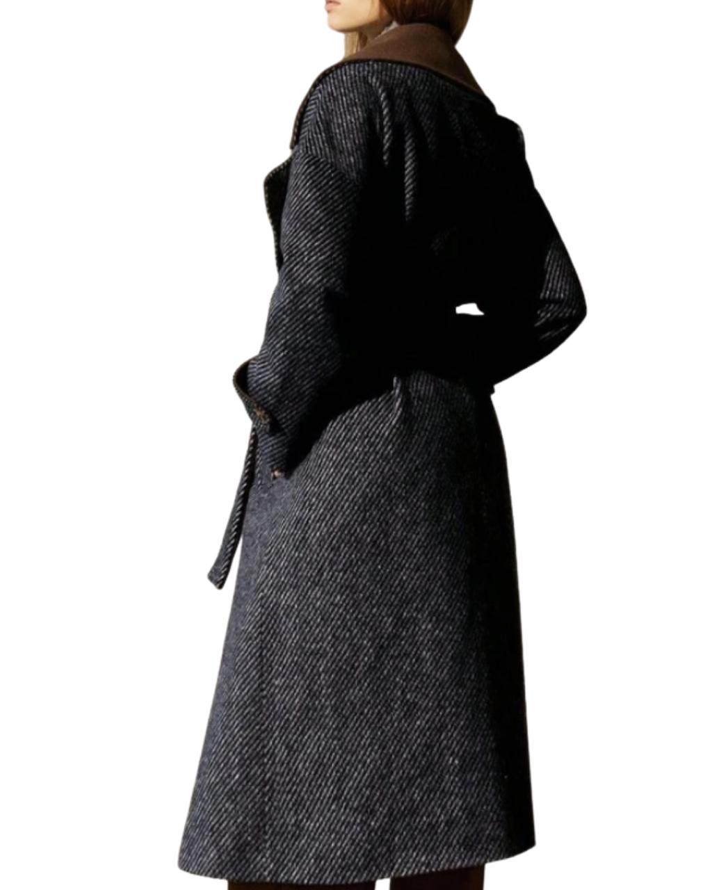 French Style Contrast Color Lapel Long Trench Women Coat