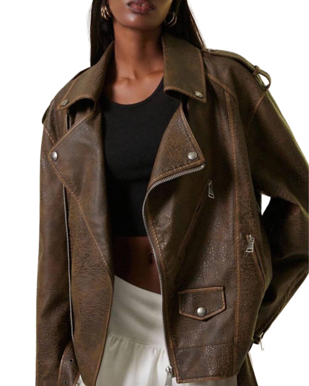 Women's Retro Dual-Tone Leather Design Jacket