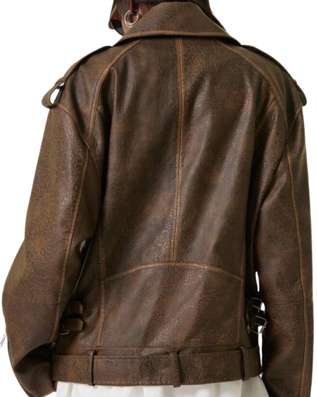 Women's Retro Dual-Tone Leather Design Jacket