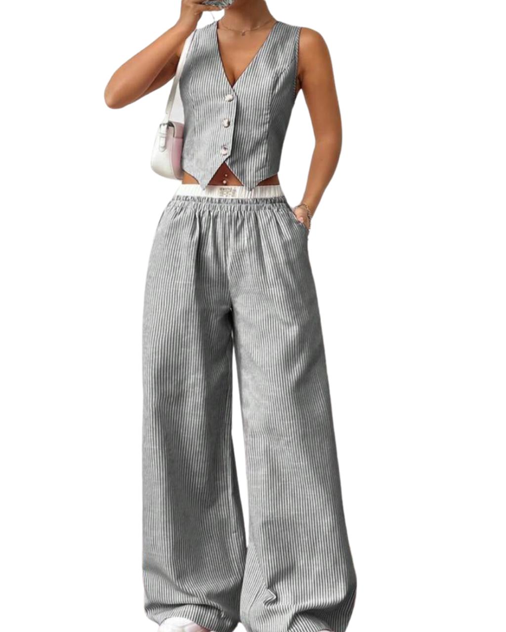 2pcs Women's Striped V-Neck Sleeveless Button Front Top And Color block Pocket Pants Set