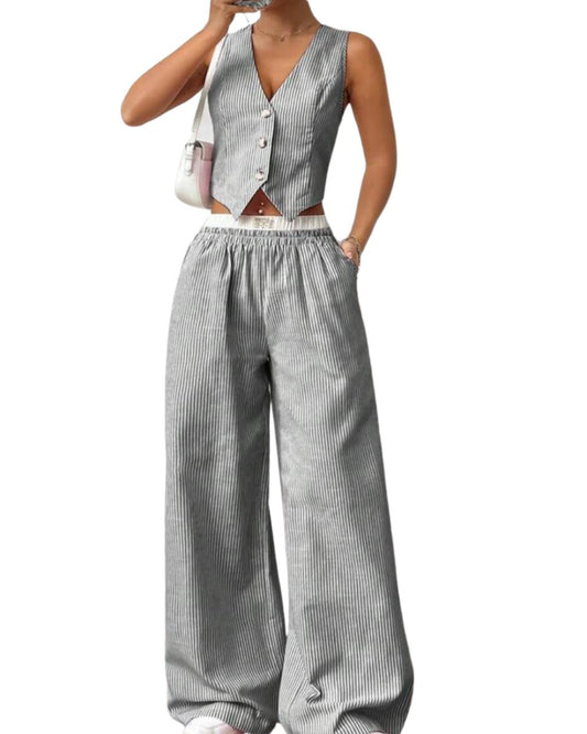 2pcs Women's Striped V-Neck Sleeveless Button Front Top And Color block Pocket Pants Set