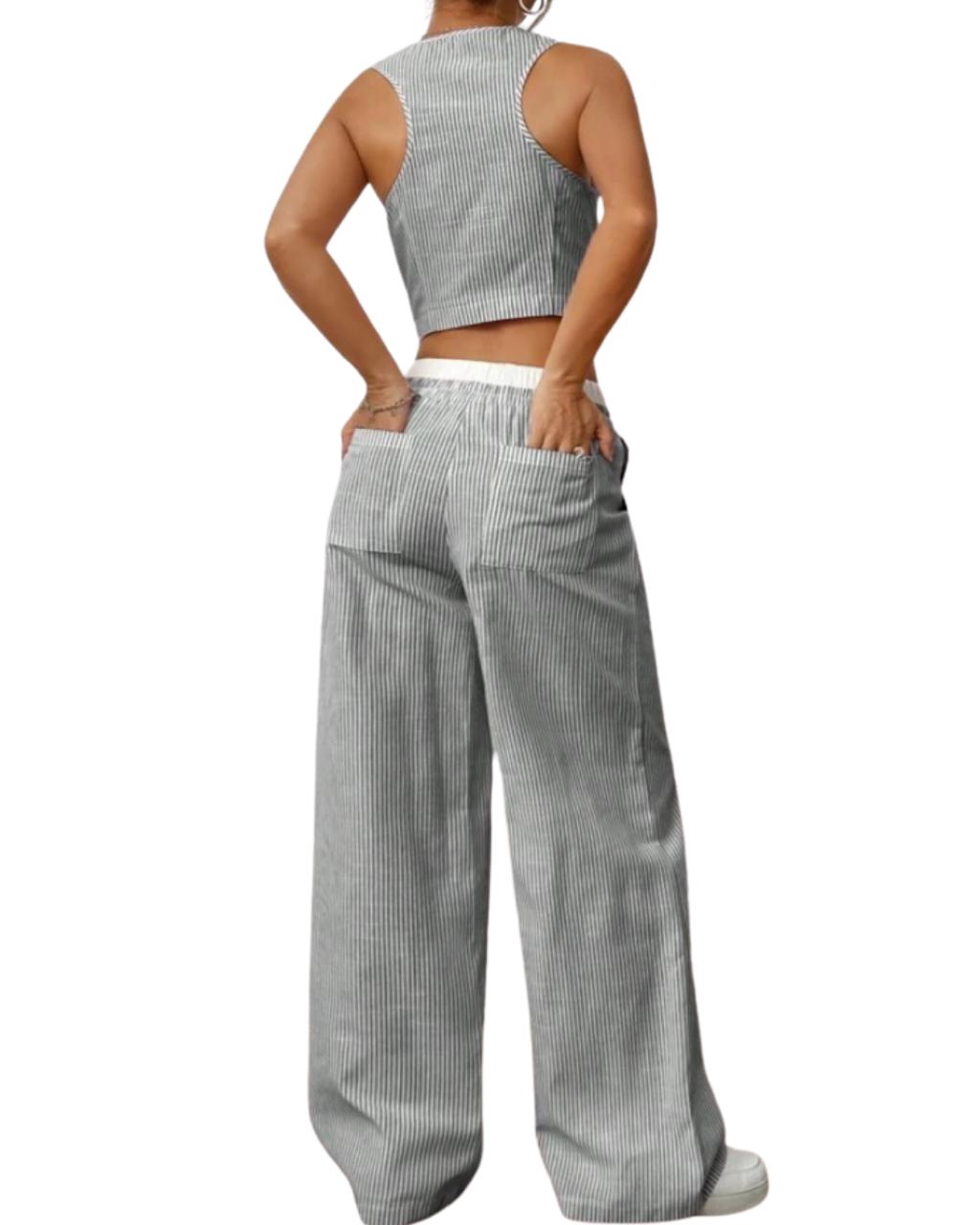 2pcs Women's Striped V-Neck Sleeveless Button Front Top And Color block Pocket Pants Set