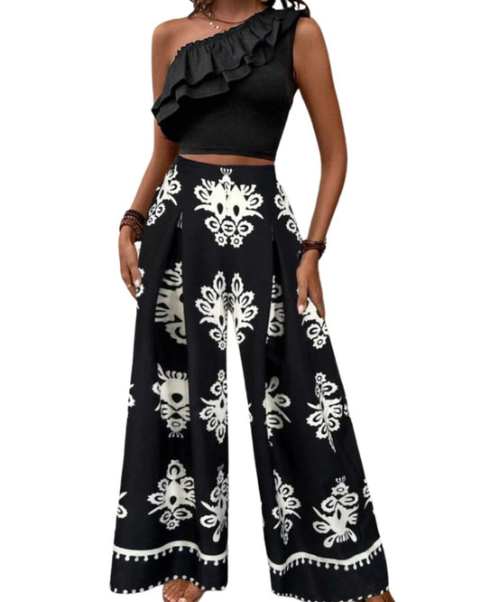 Ruffled One Shoulder Tank Top And Hawaiian Print Wide Leg Pants