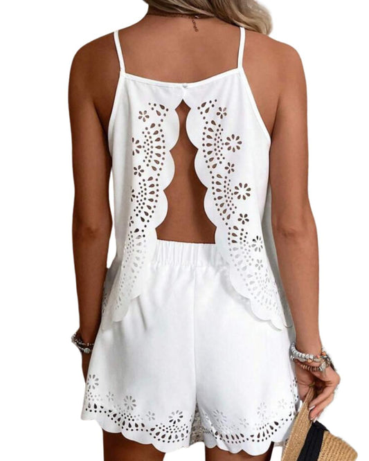 Hollow Cut Scallop Trim Split Back Cami Top & Shorts