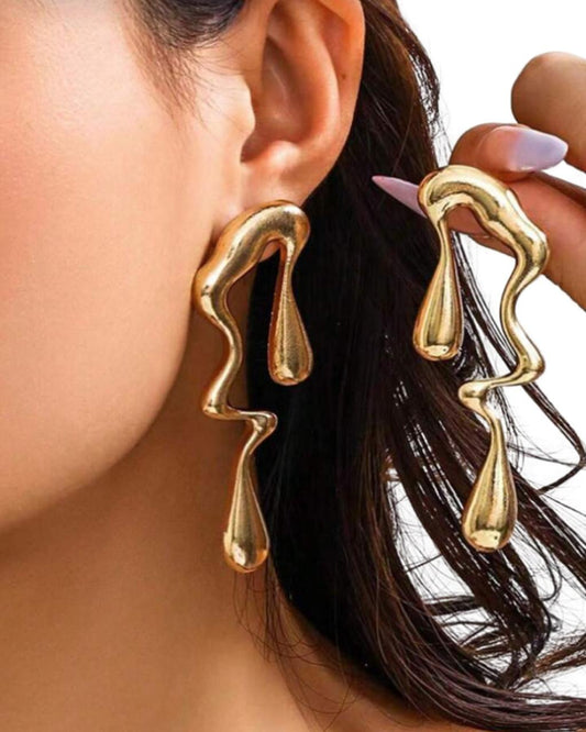 European Style Liquid Metal Asymmetrical Water Drop Geometric Earrings