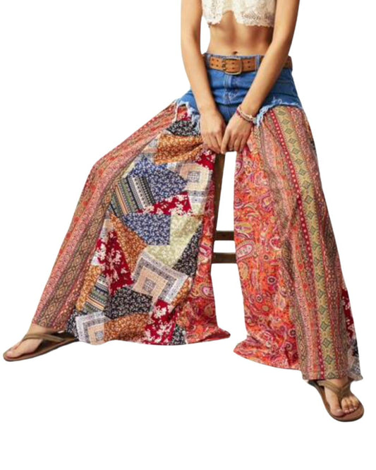 Boho Denim Woven Denim Patchwork Plaid Loose Wide-Leg Pants
