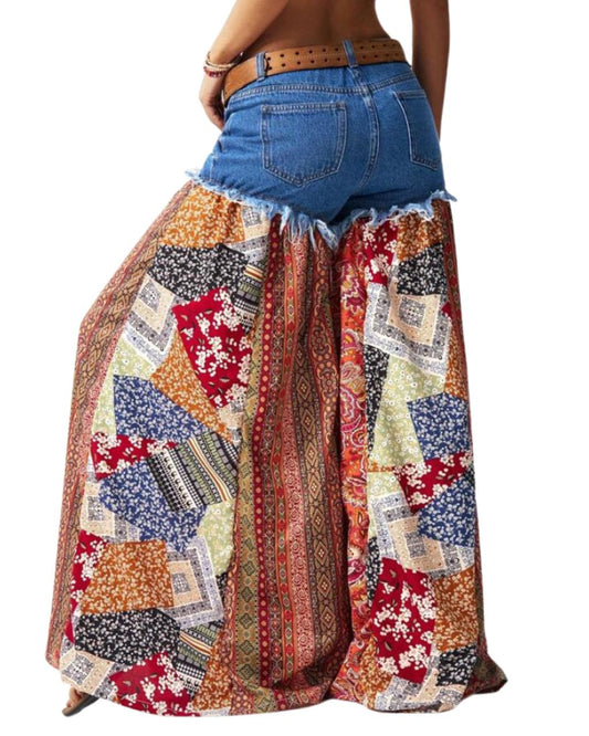 Boho Denim Woven Denim Patchwork Plaid Loose Wide-Leg Pants