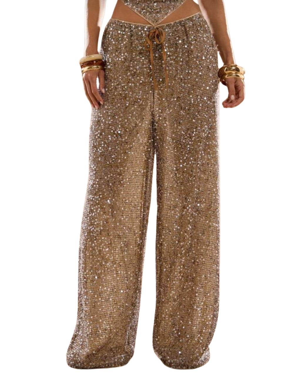 Crochet Brown Sequin Low Waist Loose Wide Leg Pants