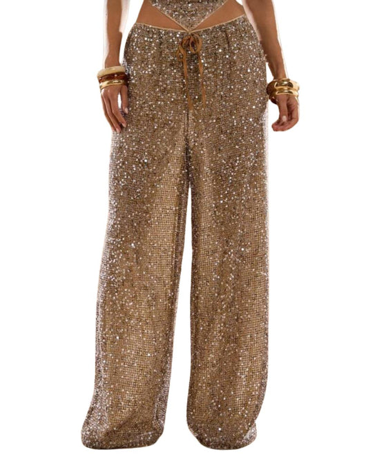 Crochet Brown Sequin Low Waist Loose Wide Leg Pants