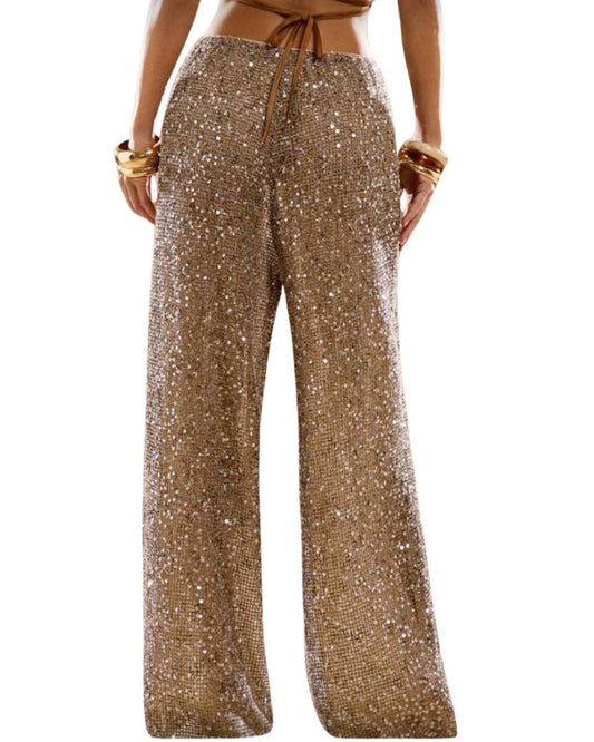 Crochet Brown Sequin Low Waist Loose Wide Leg Pants